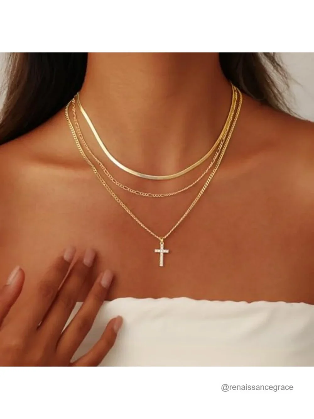 Layered Gold Cross Necklaces Set for Women, Cube Zirconia Pendant, 14K Gold